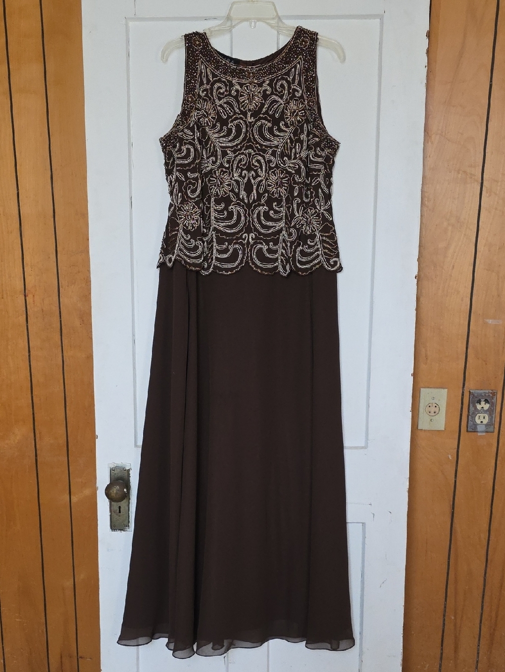 J Kara Brown Beaded Sleeveless Maxi Dress